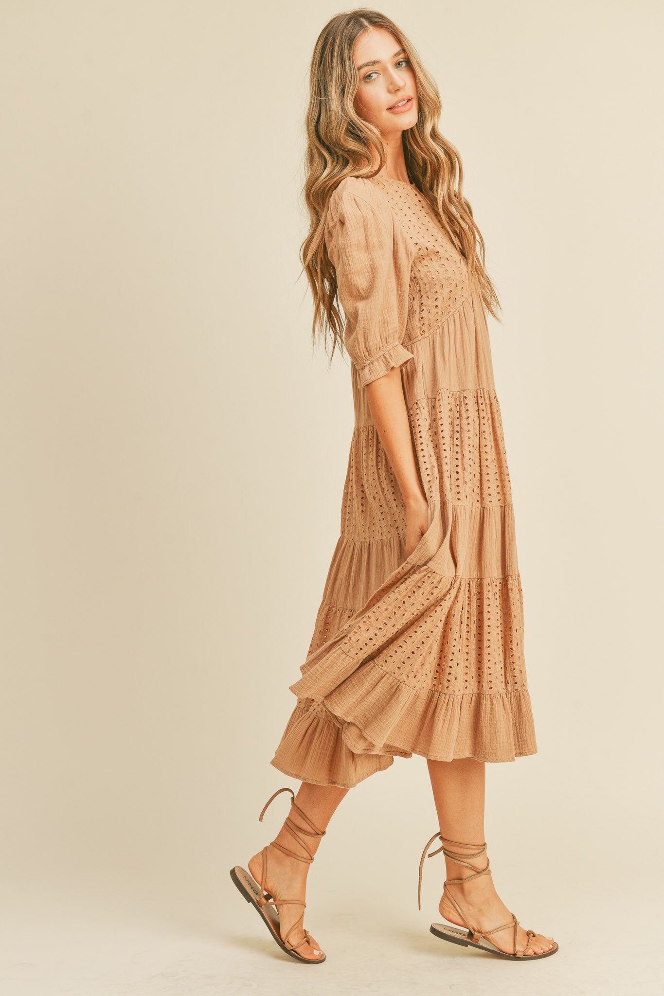 Latte Contrast Eyelet Lace Maxi Tiered Dress