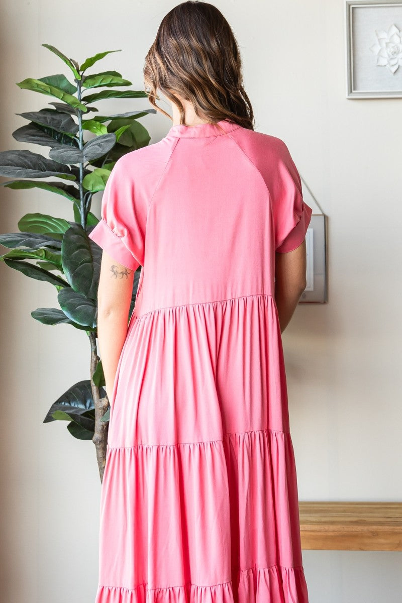 Mandarin Collar Tiered Rayon Maxi Dress- Pink
