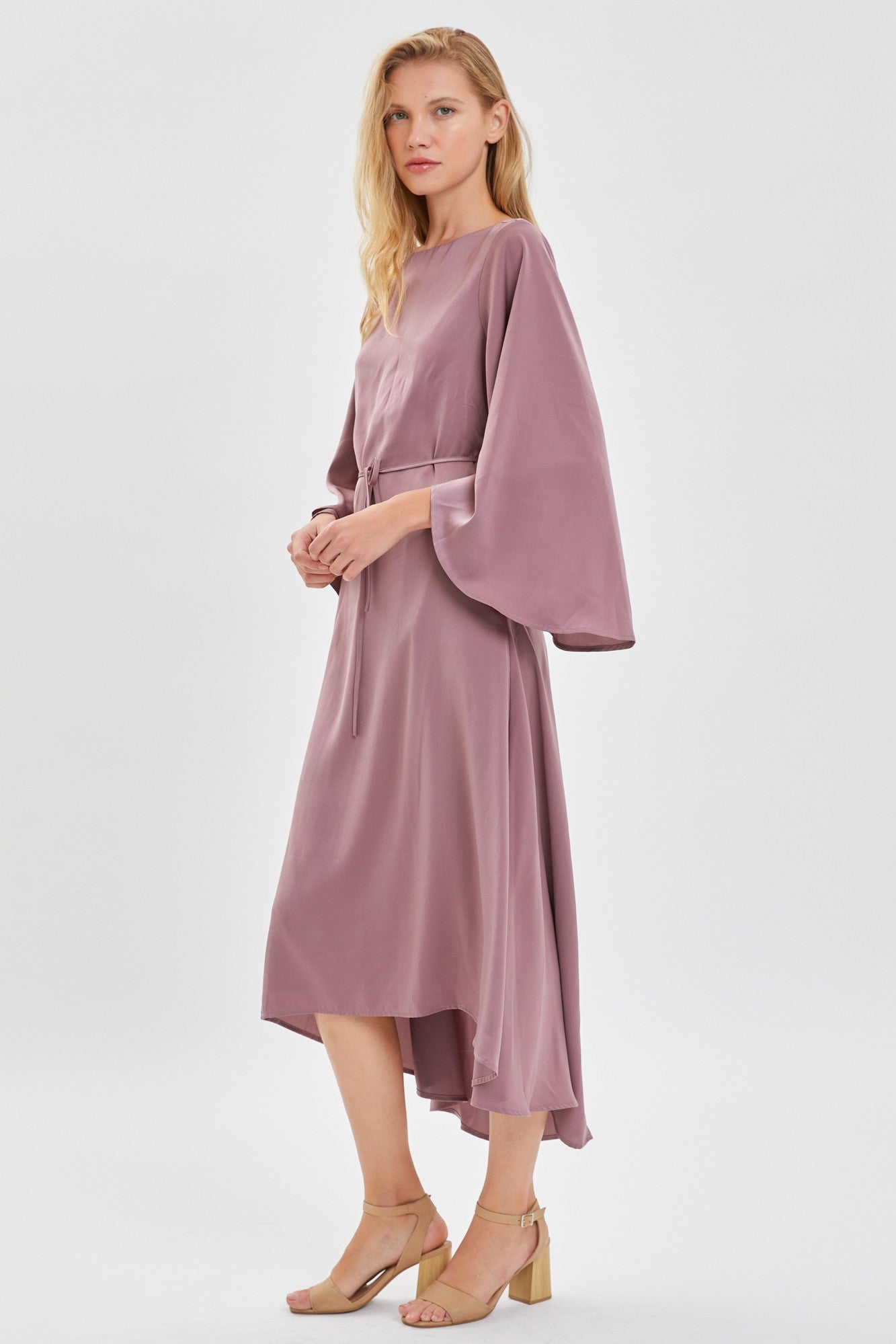 FLARED SLEEVE SATIN DRESS- Mauve – Broadway Modest Co FLARED SLEEVE SATIN DRESS- Mauve – Broadway Modest Co