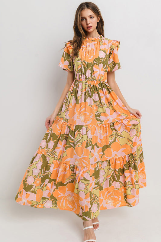 Peach Floral Printed Ruffle Dress