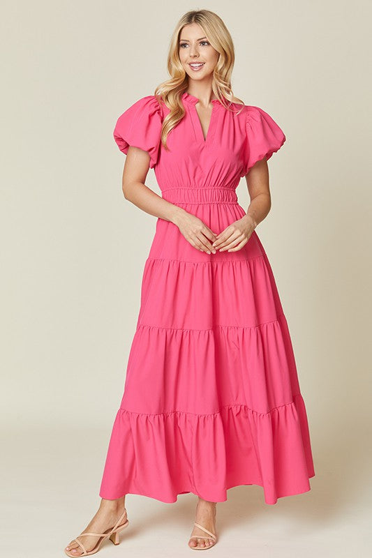 Pink V Neck Puffed Sleeves Maxi Dress
