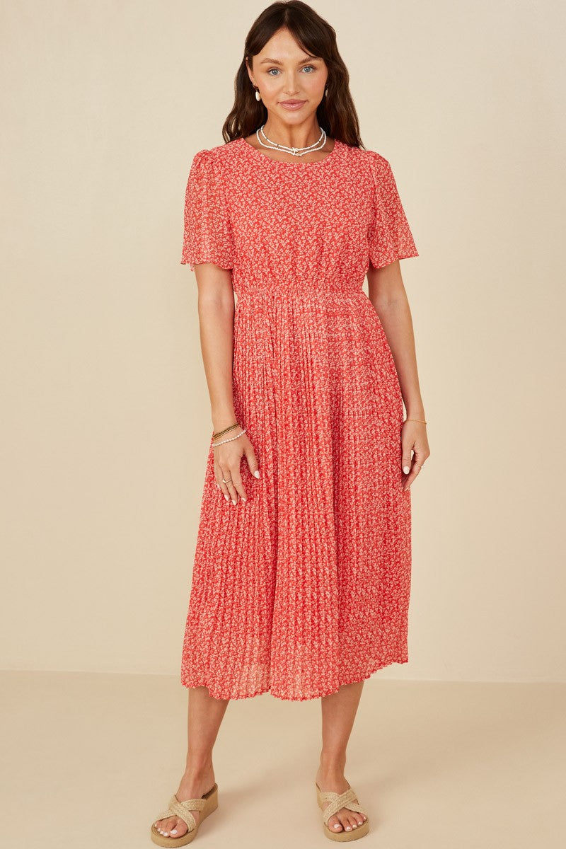 Red Floral Short Sleeve Pleated Dress