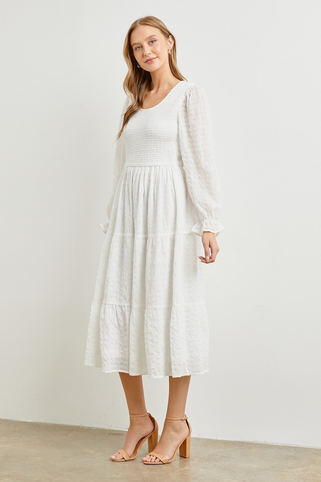 White Smocked Tiered Midi Dress Broadway Modest Co. White Smocked Tiered Midi Dress Broadway Modest Co.