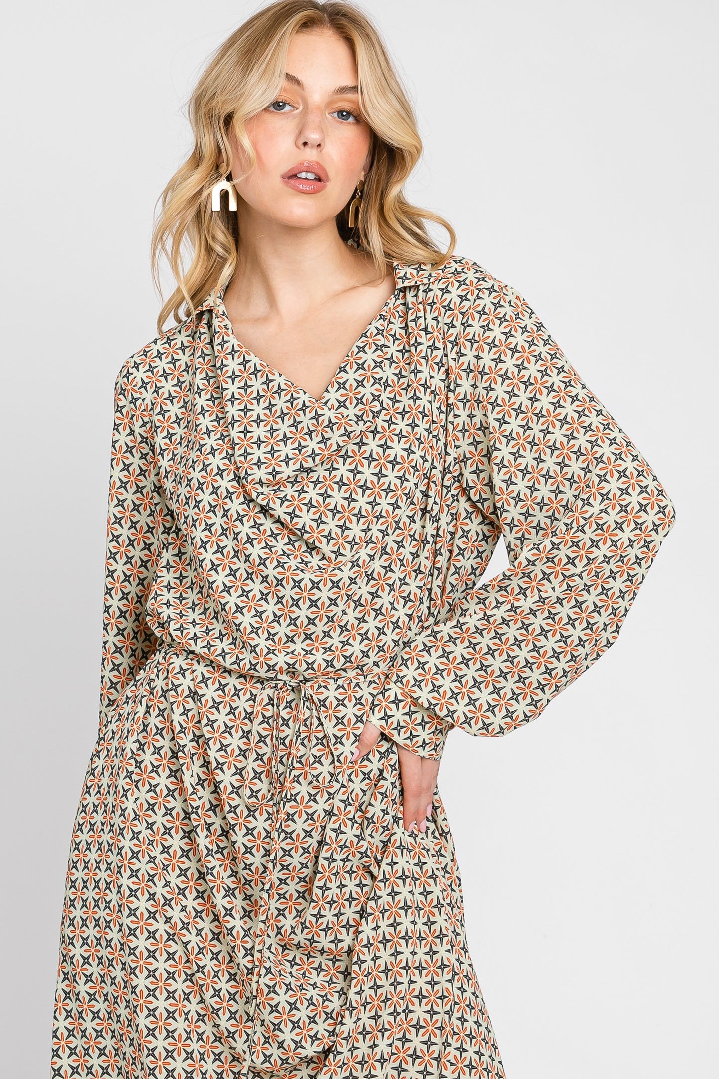 Printed Poly Long Sleeve Cowl Neck Dress